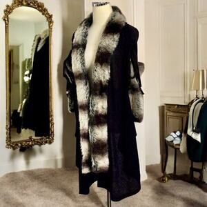Pretty Angel Faux Fur Trimmed Duster Black Linen Wool Knit Cardigan Size S/M